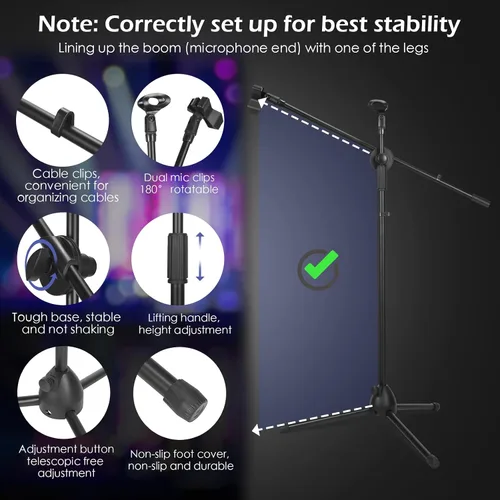 Miniatura 3 de Sherr Soporte de micrófono de 2 piezas, soporte de micrófono de altura ajustable con doble clip, soporte de trípode universal resistente plegable