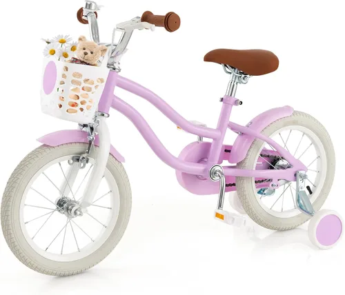 Miniatura 11 de COSTWAY Bicicleta para niños de 12, 14, 16, 18 pulgadas, bicicleta para niños con ruedas de entrenamiento, frenos de mano y posavasos, sillín