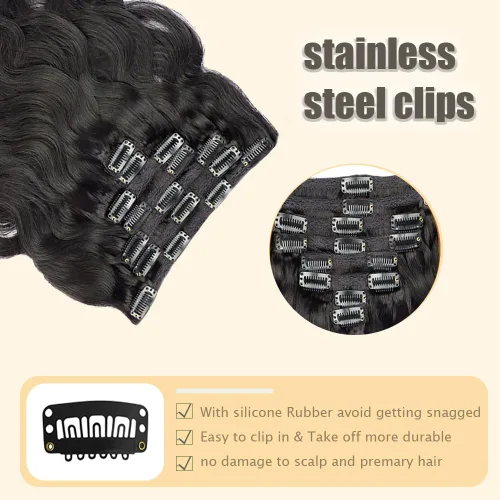 Miniatura 4 de Extensiones de cabello ondulado #1B con clip, cabello humano real suave de 12 pulgadas, 7 unidades, 4.23 oz, extensiones de cabello humano Remy #1B
