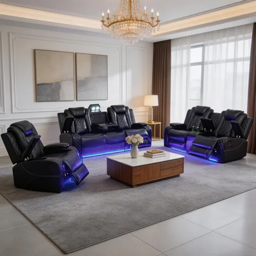 Miniatura 9 de Juegos de muebles de sala de estar, sofá modular reclinable eléctrico con luces LED, juego de sofá de cuero, sofá reclinable para sala de estar