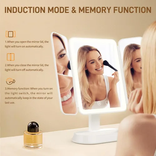 Miniatura 5 de FRANO Espejo de maquillaje plegable de tres pliegues con luces, espejo recargable con aumento de 2X/3X/10X, espejo de tocador portátil