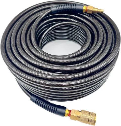 Poliuretano (PU) 1/4 pulgadas x 100 pies reforzado, manguera de aire con acoplador rápido industrial giratorio de 1/4 pulgadas y enchufe, restrictor