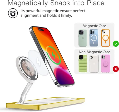 Miniatura 2 de Estación de carga 3 en 1 para dispositivos Apple: Usada para estación de carga de iPhone y reloj con soporte de cargador Magsafe, cargador Amarillo