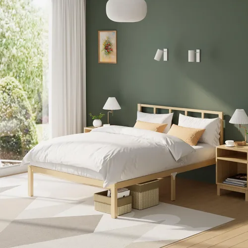 Miniatura 10 de Marco de cama de bambú tamaño completo con plataforma de madera sólida estable con listones antideslizantes, soporte para cama alta, no necesita
