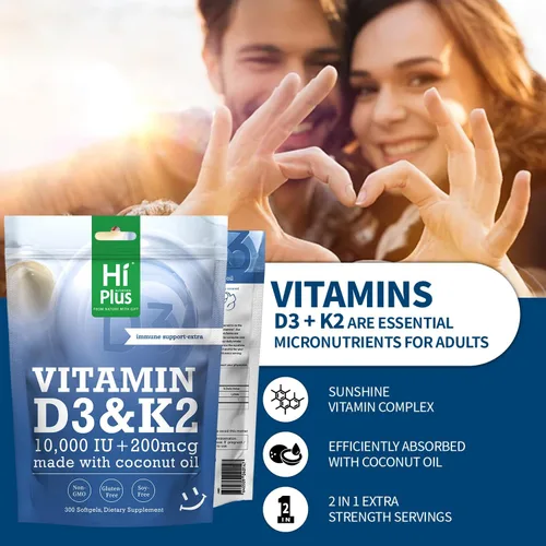 Miniatura 3 de Vitamina D3 10,000 UI + K2 200 mcg, 300 cápsulas blandas Aceite de coco Apoyo 2 en 1 para huesos, inmunes y cardíacos Fácil de tragar, sin OMG