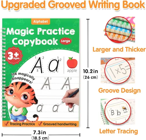 Miniatura 2 de Helsort Cuaderno de práctica grande con ranuras mágicas para niños, libro de trabajo de escritura a mano con ranurado reutilizable, aprende a