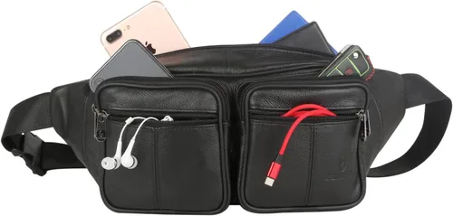 Miniatura 7 de Riñonera de piel auténtica, bolsa de cintura, organizador con cinturón ajustable, múltiples bolsillos para hombres y mujeres, Negro-878 Grande, L