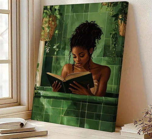 Miniatura 6 de Lienzo de mujer afroamericana, arte de pared de niña negra leyendo en el baño, imagen de arte de pared verde simplicidad mujer negra, póster