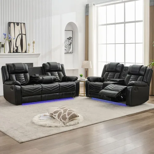 Miniatura 11 de Sofá reclinable manual con altavoces de graves para sala de estar, sofá biplaza reclinable eléctrico de cuero con luces LED, reclinables dobles, 2