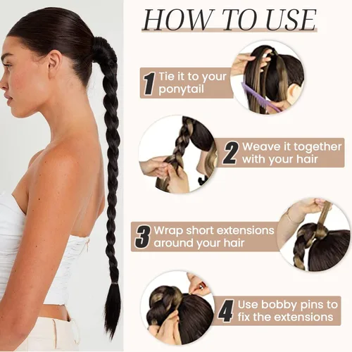 Miniatura 4 de HAIRCUBE Extensión de cabello sintético suave y natural para mujer, cola de caballo larga trenzada con banda elástica y banda elástica para el Negro