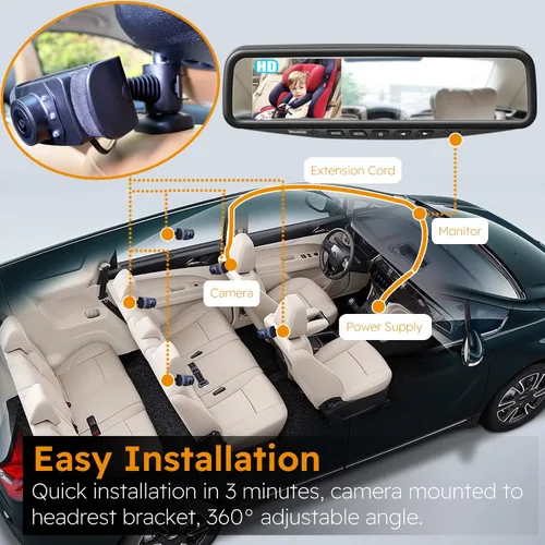 Miniatura 4 de 1080P HD - Monitor de espejo para bebé, cámara de coche de bebé con monitor de coche de bebé de 4.3 pulgadas, cámara de asiento trasero de coche