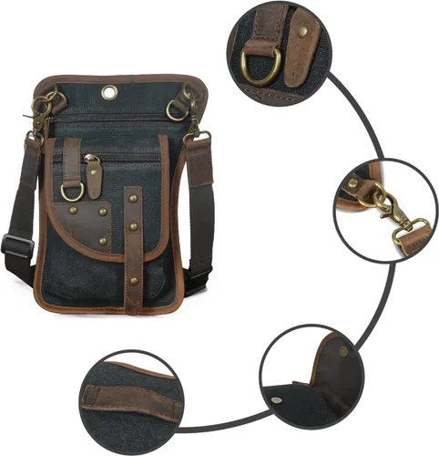 Miniatura 2 de Handadsume Lona resistente al agua + cuero para motocicleta, viajes, riñonera de viaje, bolsa de pierna para hombres y mujeres FB2141, 2141-negro