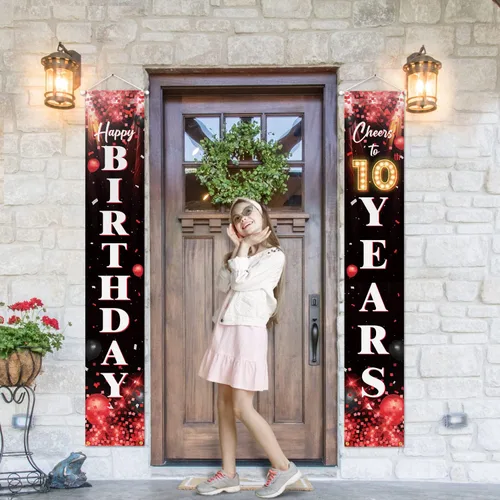 Miniatura 4 de Letrero de feliz cumpleaños número 10 para puerta, color rojo y negro, decoración temática de fiesta de cumpleaños con purpurina para niños y niñas