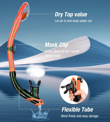 Miniatura 3 de Aegend - Esnórquel seco para buceo para adultos y jóvenes - Equipo de snorkel con válvula seca superior, perfecto para snorkel, buceo libre, Naranja