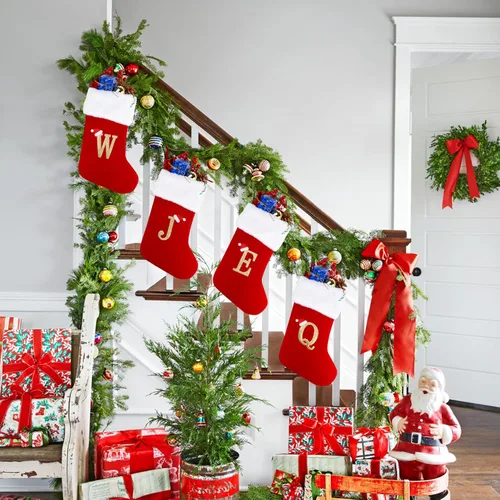 Miniatura 6 de Medias de Navidad con monograma de 20 pulgadas con letras, medias de Navidad grandes súper suaves, terciopelo rojo con puño de felpa blanco súper