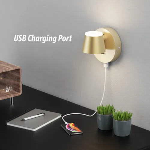 Miniatura 5 de URSOLA Aplique de pared LED con interruptor de encendido/apagado, puerto de carga USB, 110 voltios, lámpara de pared cableada con cable de 350