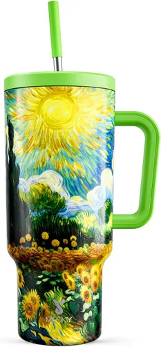 Miniatura 9 de Meoky - Vaso de 30 oz con asa, tapa y pajilla, taza de viaje térmica de acero inoxidable 100% a prueba de fugas, para portavasos, mantiene el frío