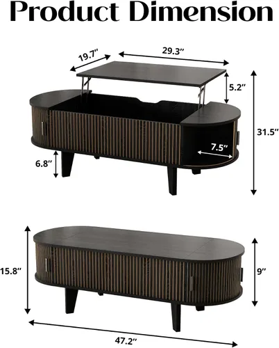 Miniatura 2 de Mesa auxiliar ovalada con almacenamiento, mesa de centro acanalada de 47.2 pulgadas con puerta corrediza de tambor de 180°, mesa central moderna