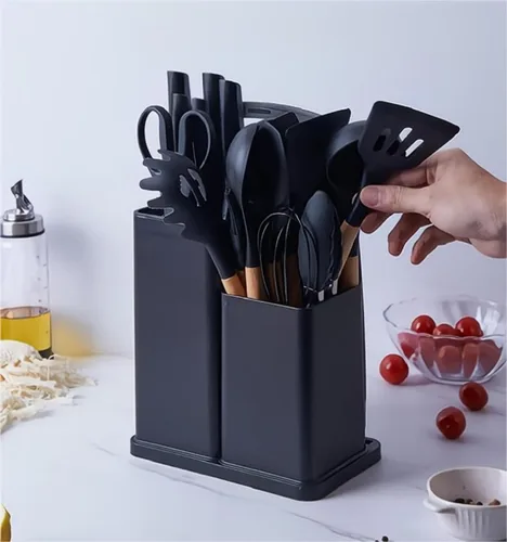 Miniatura 5 de Juego de utensilios de cocina y cuchillos con bloque, juego de cocina todo en uno de 19 piezas, 12 utensilios de silicona antiadherentes + 5 Negro