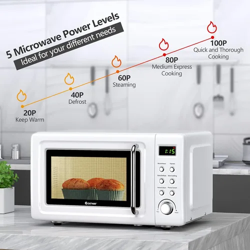 Miniatura 4 de COSTWAY horno microondas retro para encimera, 0.7 pies cúbicos, 700 vatios, alta eficiencia energética, 5 niveles de potencia, función de inicio