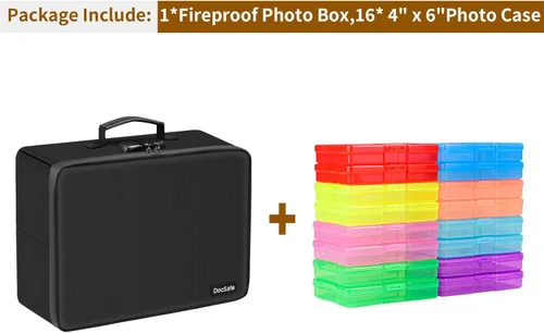 Miniatura 2 de DocSafe Caja de almacenamiento de fotos con cerradura, caja organizadora de fotos ignífuga con 16 fundas interiores de 4 x 6 pulgadas (multicolor)