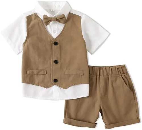 Conjunto de caballero para niño pequeño, chaleco falso de dos piezas, chaqueta de manga corta, pantalones cortos de color sólido, traje de pequeño