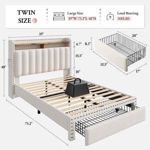 Miniatura 2 de EnHomee Base de cama tapizada de tela tamaño individual con cabecero capitoné de canal vertical de 2 niveles y 2 cajones de almacenamiento, espacio