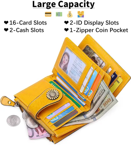 Miniatura 87 de SENDEFN - Billetera pequeña de piel auténtica para mujer, diseño plegable con ventana para tarjeta de identificación
