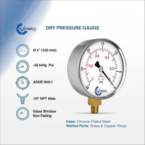 Miniatura 2 de Manómetro de vacío seco de 0 a -30 inHg, dial de 4", montaje inferior de 1/4 NPT, caja de acero cromado, piezas humedecidas de latón, doble escala