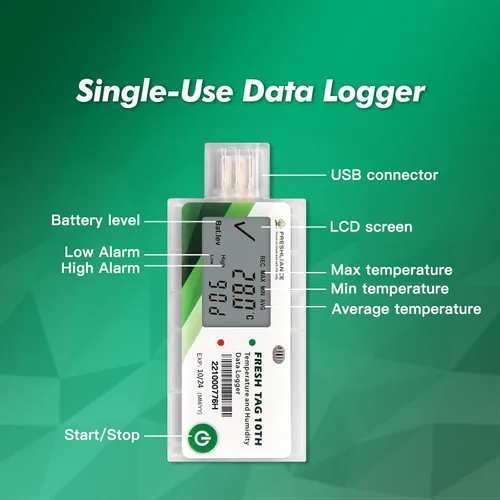 Miniatura 3 de Freshliance Registrador de datos de humedad de temperatura LCD, grabadora USB de humedad de temperatura de un solo uso con informe PDF o CSV, 65000