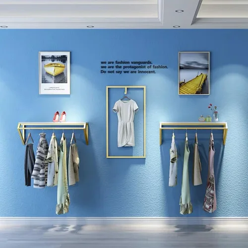 Miniatura 9 de Modern Simple - Estante de exhibición de metal resistente para hombres y mujeres, perchero de pared con madera, riel para ropa, toallero para colgar