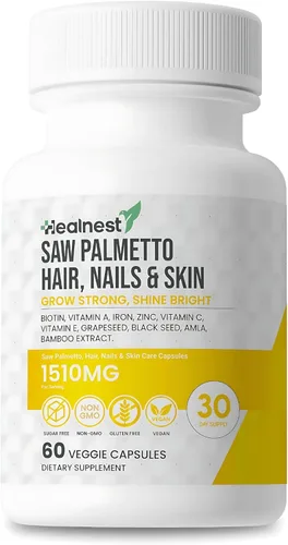 Cuidado del cabello, las uñas y la piel con Saw Palmetto, Biotina, Amla - 60 cápsulas vegetarianas sin OMG, sin gluten, para hombres y mujeres