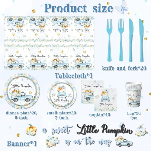 Miniatura 3 de Decoración de baby shower de calabaza, 142 piezas, una dulce pequeña calabaza está en camino, camión floral azul para niños, mantel desechable