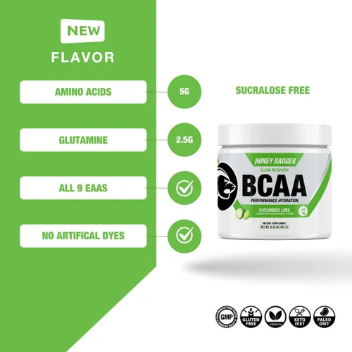 Miniatura 2 de Honey Badger BCAA + EAA Aminoácidos en polvo, BCAA + L-Glutamina, Keto, vegano, sin azúcar para hombres y mujeres, mezcla de bebida de hidratación