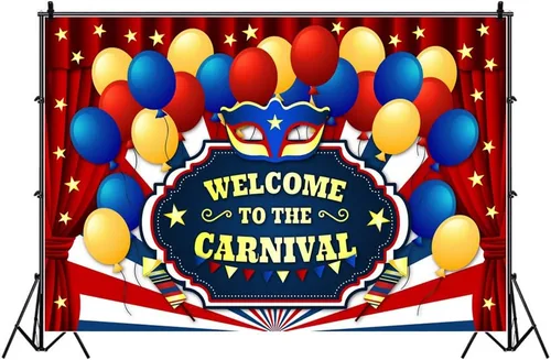 Miniatura 4 de Yeele Telón de fondo de fiesta de carnaval de 10 x 6.5 pies para fotografía, globos azules y amarillos, cortina roja, telón de fondo para fiesta