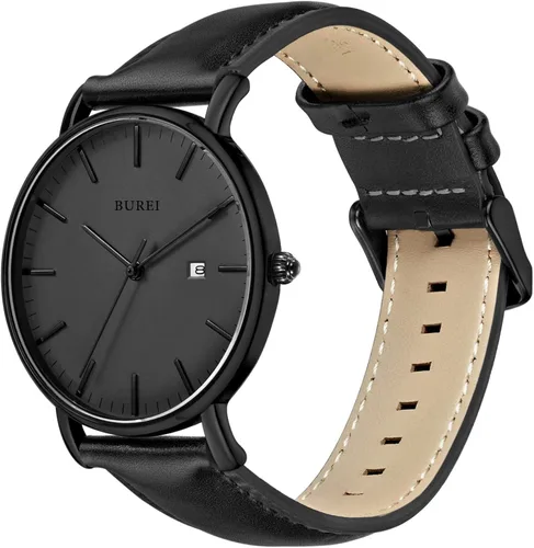 Miniatura 6 de BUREI Reloj de pulsera analógico de cuarzo ultra fino con fecha, calendario, correa de piel para hombres y mujeres