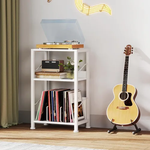 Miniatura 6 de Hosfais Soporte para tocadiscos de 3 niveles, mesa auxiliar de almacenamiento para discos de vinilo retro con estante para registros para sala