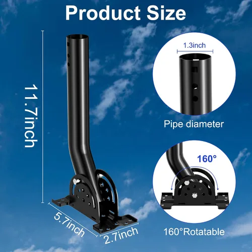 Miniatura 2 de Soporte de poste de antena resistente, soporte de montaje de poste en J de bloqueo de tres tornillos ajustable de 13 a 160°, soporte de poste/pared