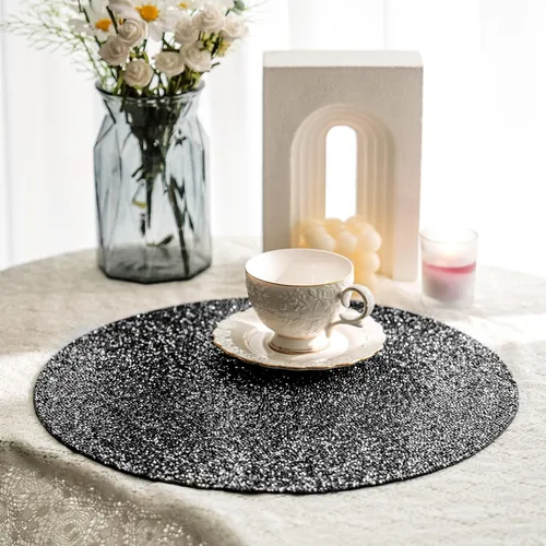Miniatura 5 de Mantel individual negro de pedrería con diamantes triturados brillantes redondos lavables con purpurina para otoño, Halloween, boda, Navidad