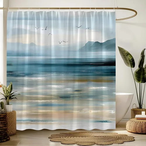 Miniatura 2 de Cortina de ducha abstracta de playa, océano, olas de mar, montaña, naturaleza, paisaje, pintura al óleo, cortina de decoración de baño con ganchos
