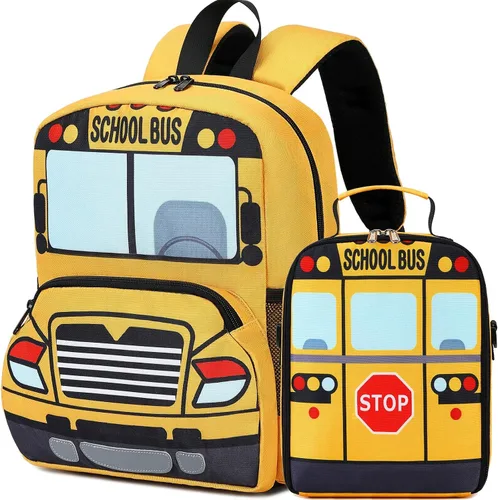 Miniatura 9 de Mochila para niños pequeños, preescolar, autobús, bolsa de libros 3D para jardín de infantes con lonchera aislante