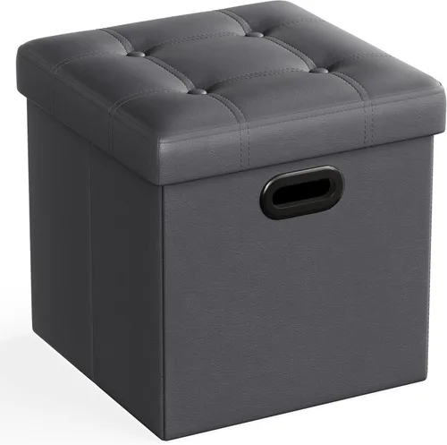 Miniatura 11 de Otomana plegable por Songmics, cubo de almacenamiento de 15 pulgadas con agujero y asa, piel sintética, Madera, Negro