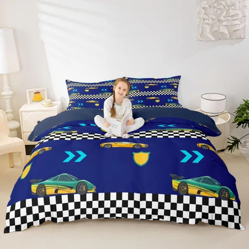 Feelyou Race Car Duvet Cover Twin Size Boys Girls Speed Sports Car Bedding Set Breathable Soft Racing Comforter Cover 2Pcs Black White Checked