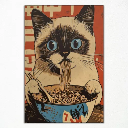 Miniatura 16 de Arte de pared vintage de gato japonés en lona, póster de gato negro peculiar comiendo ramen, impresión de arte retro de animales divertidos