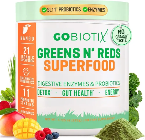 GoBiotix Polvo super verdes y polvo super rojos: Superalimento vegano rojo y verde sin OMG + probióticos, enzimas, alimentos integrales orgánicos,