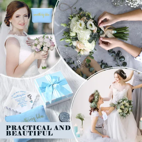 Miniatura 6 de Fumete Something Blue - Juego de regalo de boda, pañuelo bordado, ramo de ángel, bolsa de cosméticos para novia con espejo compacto de diamante