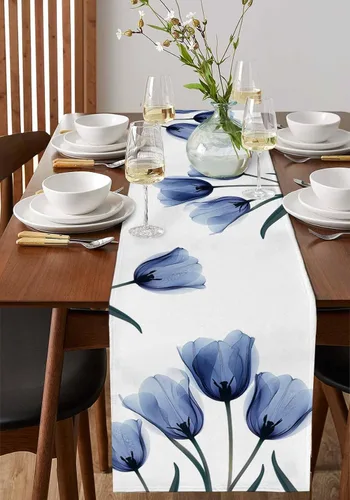 Miniatura 4 de Camino de mesa floral de tulipán azul, algodón y lino, pequeñas bufandas de 36 pulgadas, diseño rústico de flores para cocina, café, mesa