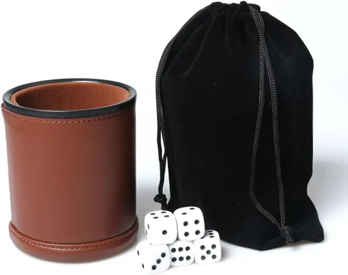 Miniatura 4 de Juego de copa de dados de cuero con forro de fieltro, agitador silencioso con 5 dados de puntos para juegos Farkle Yahtzee, marrón