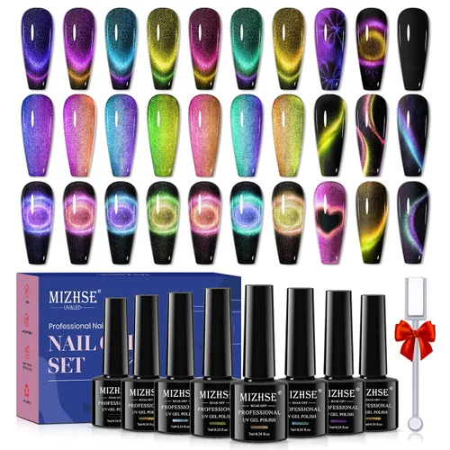 MIZHSE - Juego de esmalte de uñas de gel de ojo de gato 9D de 8 colores, kit de esmalte de gel magnético mejorado con barra magnética, esmalte de A