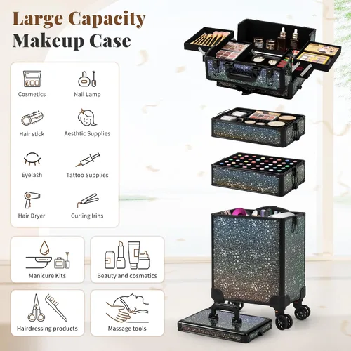 Miniatura 4 de AROUS Estuche de Maquillaje Rodante 5 en 1, Estuche de Cosmetología con Ruedas, Organizador de Cosméticos Grande, Carro de Viaje para Peluquero